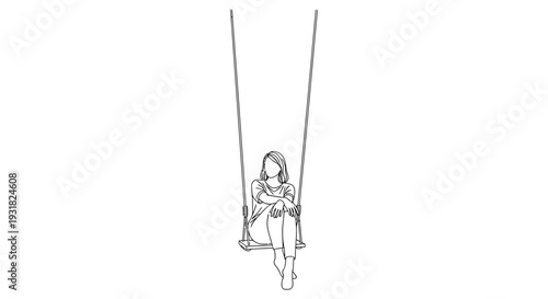 A minimalist line art illustration of a girl swinging on a swing set