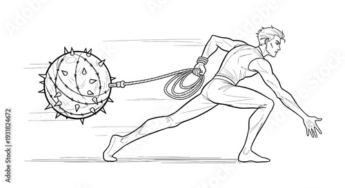 A dynamic vector illustration of a man running while being pulled by a spiky ball and chain