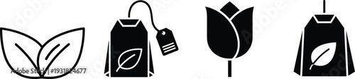 Vector set of minimalist tea icons featuring tea bags with leaves and flower bud symbols in black and white for organic beverage branding design.
