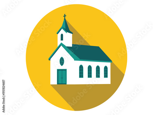 White Christian church building illustration set against a yellow circle.