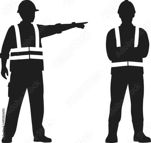 Two construction workers in silhouette against a black background