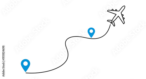 A minimalist vector graphic illustrating a flight route with a plane and two location markers