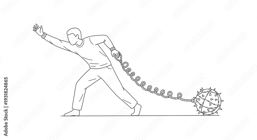 Fototapeta premium A man pulling a wrecking ball with a spring in a minimalist line art illustration