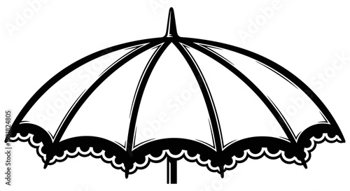 A minimalist black and white illustration of a decorative umbrella with a scalloped edge