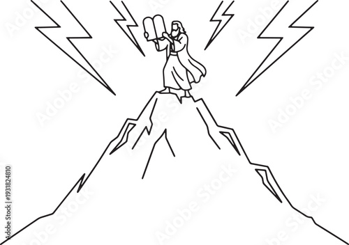 Moses standing on mountain with lightning bolts and stone tablets