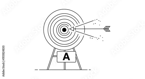 A minimalist vector graphic illustration of a target with an arrow hitting the bullseye