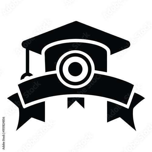 Graduation cap combined with a camera lens and ribbon icon