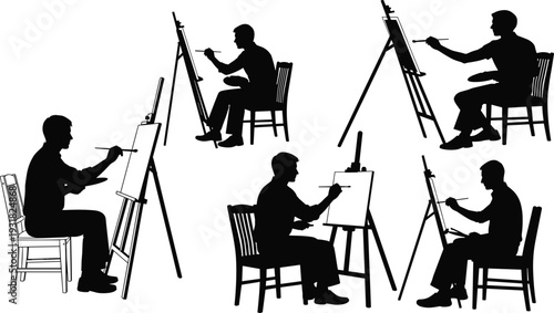 Artist painting on canvas silhouette set, creative painter at easel, art studio illustration isolated vector for design projects