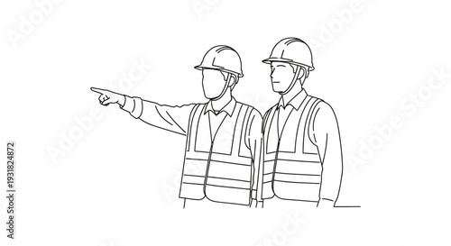A minimalist line art illustration of two construction workers in hard hats and vests