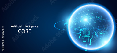 Artificial intelligence core vector with glowing digital orb and circuit network. Machine learning and future tech concept.