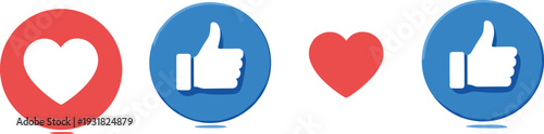 Vector set of social media reaction icons featuring red hearts and blue thumbs up symbols in circular and flat styles for digital engagement marketing.