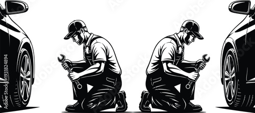 Auto mechanic repairing car wheel silhouette, professional technician with wrench, automotive service illustration isolated vector for garage branding design