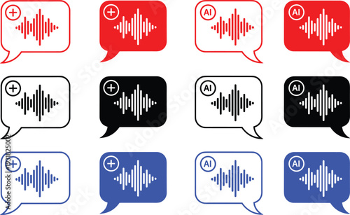 Audio message speech bubble icons with voice waveform and ai plus symbols in primary color variations