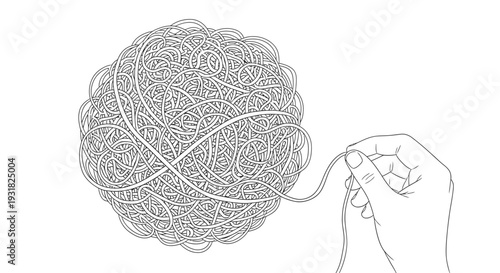 A hand holding a tangled ball of yarn in a minimalist line art illustration