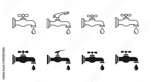 A set of vector faucet icons in various designs and styles with water droplets