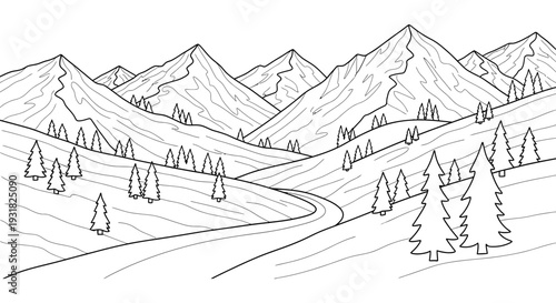 A minimalist line art illustration of a winding road through a mountainous landscape with trees