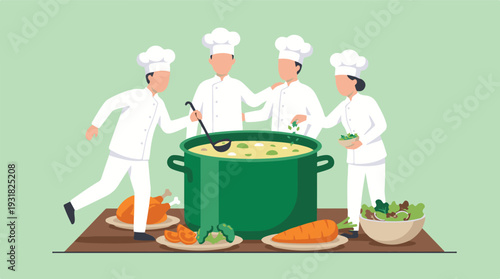 Team of chefs cooking together with a large pot and fresh ingredients