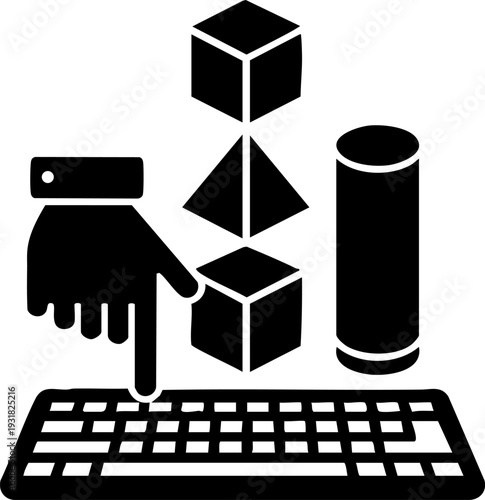 Vibe Coding Interface Silhouette Minimalist Hand Over Keyboard with Rising Geometric Blocks Natural Language Programming Flat Vector Icon