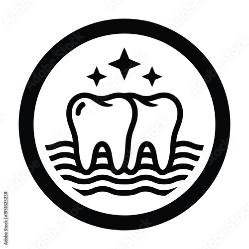 White tooth symbol with sparkles in black circle on clean background