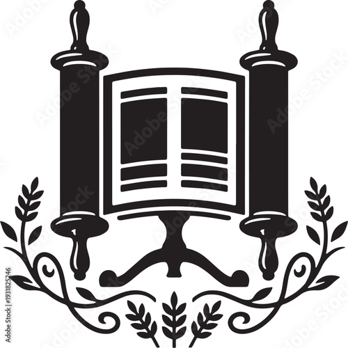 Elegant Torah scrolls on stand with laurel leaves