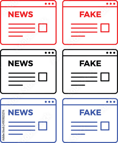 News and fake news browser window icons for web verification and media literacy design concepts set