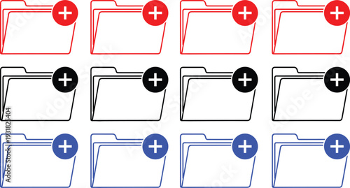Folder add and plus document file organization icons in multi color row set for computer interface