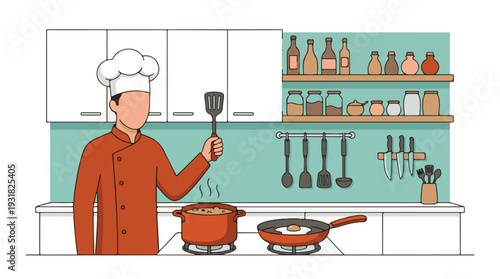 Cartoon chef cooking a meal with a pot and frying pan in a kitchen