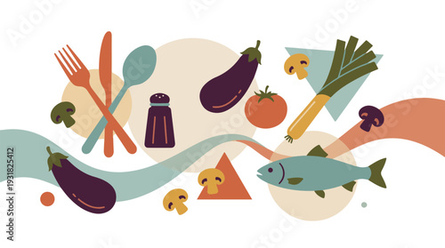 Fresh Produce Fish and Utensils Culinary Flat Illustration
