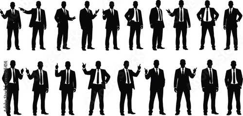 Black silhouette vector illustration of businessmen, professional attire, corporate poses, office staff, workplace diversity, business icons, presentation design elements