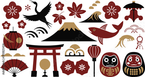 Collection of traditional Japanese cultural icons including fans, torii gates, and lanterns, in a flat design style