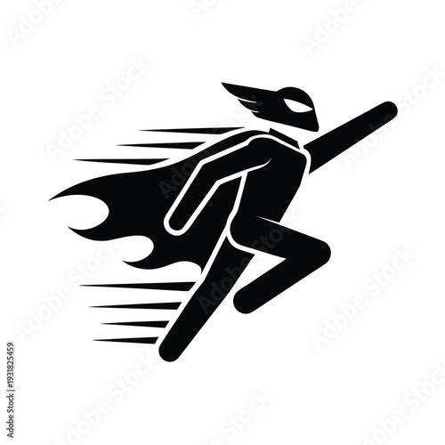A dynamic silhouette of a superhero running with a cape
