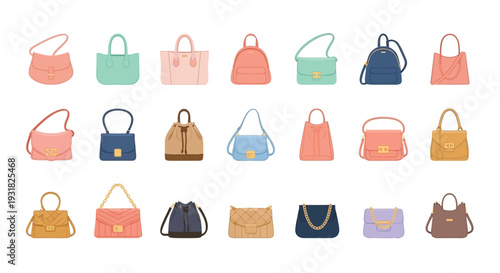 Collection of colorful handbags and purses in various styles and shapes