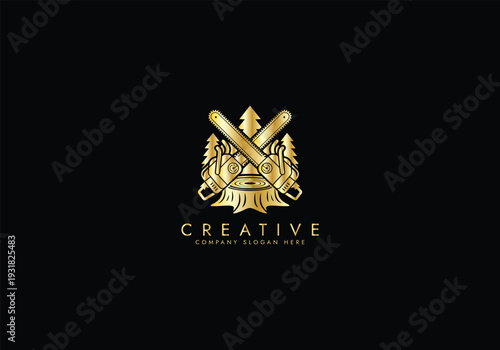 Lumberjack and Chainsaw Cutting  luxury logo, Woodcutting Tree Trunk Logo editable vector Design 