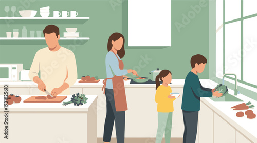 Family cooking together in a modern kitchen, preparing healthy food