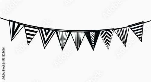 Black and white pennant banner string isolated on transparent background