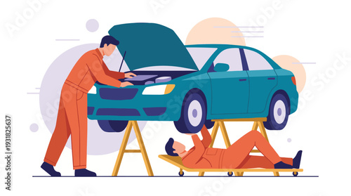 Two mechanics repairing car engine and undercarriage at auto service