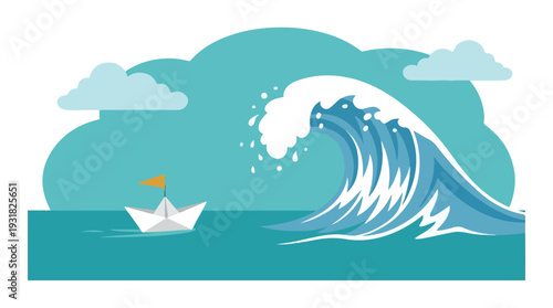 White paper boat in blue ocean confronted by a large breaking wave illustration