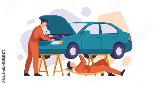 Professional mechanics servicing a car in a workshop, automotive repair concept.