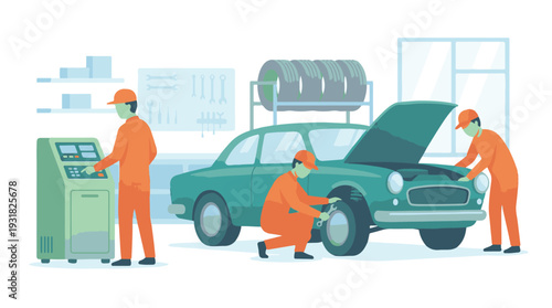 Car repair and maintenance services by auto mechanics in a garage