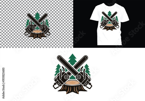 Lumberjack and Chainsaw Cutting logo, Woodcutting Tree Trunk Logo editable vector Design 
