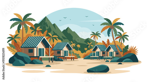 Tropical beach resort with bungalows, palm trees, and mountain landscape