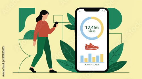 Woman walking and checking fitness app on smartphone, tracking steps