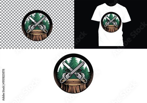 Lumberjack and Chainsaw Cutting logo, Woodcutting Tree Trunk Logo editable vector Design 