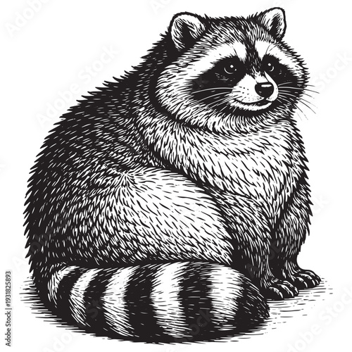 Large Chubby Raccoon Side Profile Vintage Woodcut Engraving Black and White Vector Illustration
