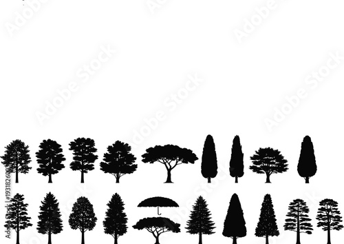 Vector collection of diverse black tree silhouettes including coniferous and deciduous species isolated on white background for architectural visualization landscape design and nature projects