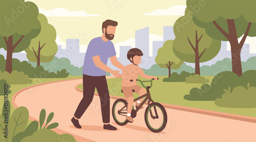 Father teaching son to ride a bicycle in an urban park, family bonding