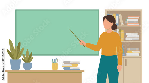 Female teacher with pointer in front of blackboard in a classroom