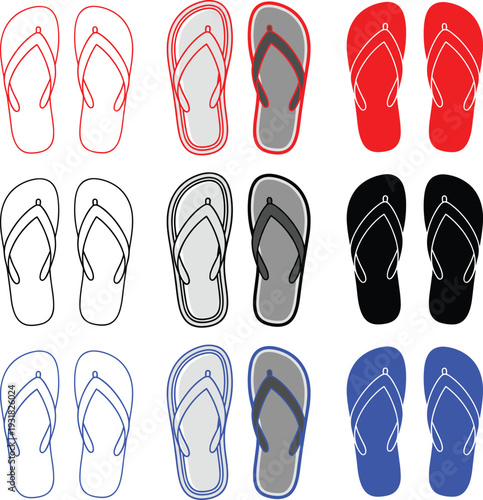 Beach flip flops sandals footwear icon collection in various styles and colors for summer recreation