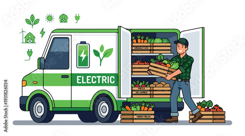 Illustration of a man loading fresh produce into an electric delivery truck with green accents and leaf icons on a white background.