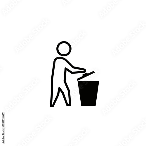 Black flat icon of a person disposing of garbage into a trash can, symbolizing responsible waste management, environmental care, and cleanliness via proper refuse disposal